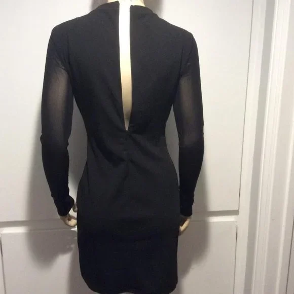 Haute Monde bodycon black mini NWOT metal gold studs & sheer long sleeves size L - Picture 7 of 7